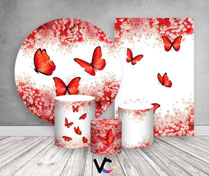 Imagem de Kit 2 Painéis De Festa + Trio De Capas Cilindro - Borboleta Vermelha Floral 017