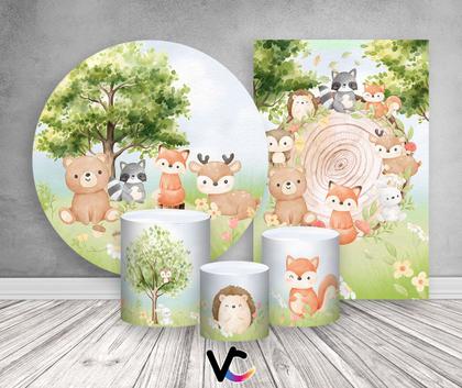 Imagem de Kit 2 Painéis De Festa + Trio De Capas Cilindro - Bosque Bege Animais Cute 005