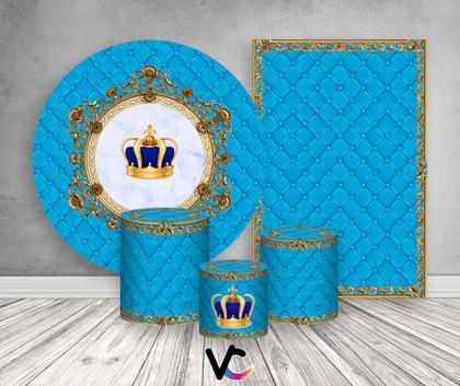 Imagem de Kit 2 Painéis De Festa + Trio De Capas Cilindro - Capitonê Azul Claro Coroa Realeza 003