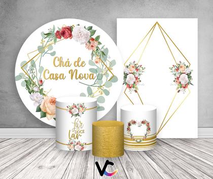 Imagem de Kit 2 Painéis De Festa + Trio De Capas Cilindro - Chá de Casa Nova Geométrico Flores Dourado 001