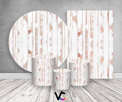 Imagem de Kit 2 Painéis De Festa + Trio De Capas Cilindro - Efeito Ripas de Madeira Branca Desgastada 002