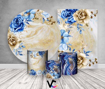 Imagem de Kit 2 Painéis De Festa + Trio De Capas Cilindro - Floral Azul com Dourado 009