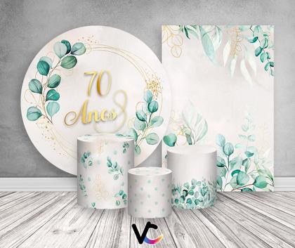 Imagem de Kit 2 Painéis De Festa + Trio De Capas Cilindro - Geométrico Folhagens 70 Anos 018