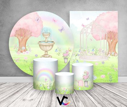 Imagem de Kit 2 Painéis De Festa + Trio De Capas Cilindro - Jardim Encantado Aquarela Rosa e Lilás 014