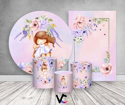 Imagem de Kit 2 Painéis De Festa + Trio De Capas Cilindro - Jardim Rosa e Lilás com Boneca Morena 024