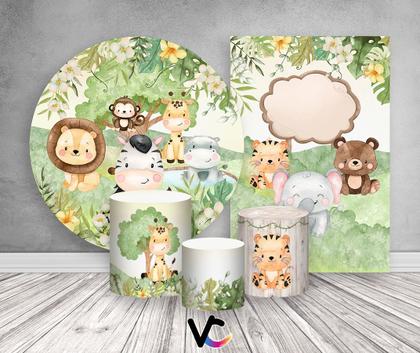 Imagem de Kit 2 Painéis De Festa + Trio De Capas Cilindro - Safari Aquarela Verde Suave 023