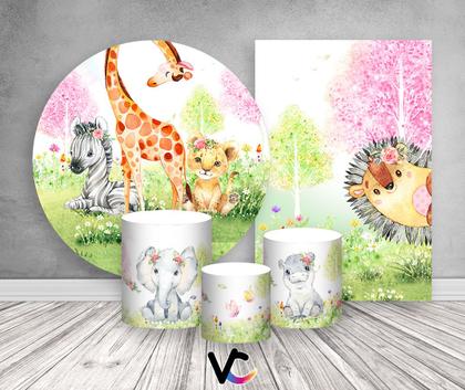 Imagem de Kit 2 Painéis De Festa + Trio De Capas Cilindro - Safari Rosa Aquarela 012