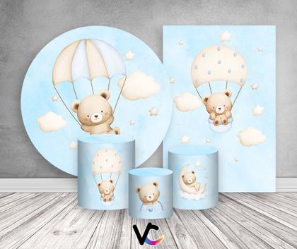Imagem de Kit 2 Painéis De Festa + Trio De Capas Cilindro - Ursinho Baloeiro Azul Paraquedas 030