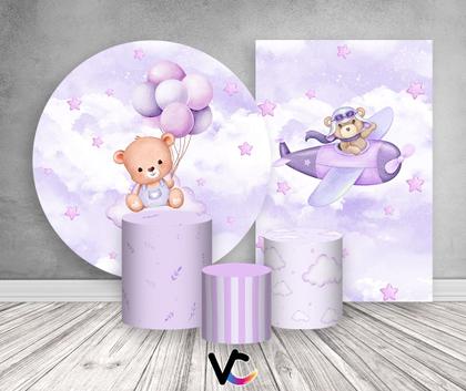 Imagem de Kit 2 Painéis De Festa  Trio De Capas Cilindros,  Ursinho de Pelúcia Lilás 036