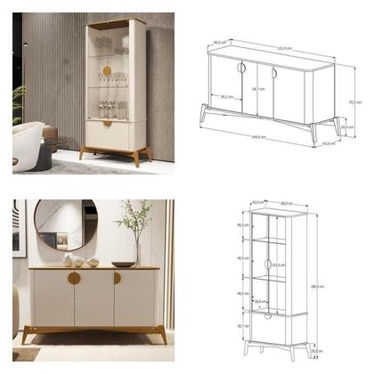 Imagem de Kit 2 Peças com Cristaleira e Buffet Cantos Curvos Pés em Madeira Maciça 100% MDF Buriti Bege