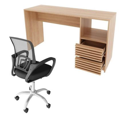 Imagem de Kit 2 Peças com Escrivaninha com Ripado 2 Gavetas 1 Nicho com Cadeira para Escritório Diretor Tela Mesh