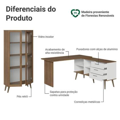 Imagem de Kit 2 Peças Com Escrivaninha Em L 3 Gavetas E Armário Multiuso Com Vidro Rustic Branco Madesa