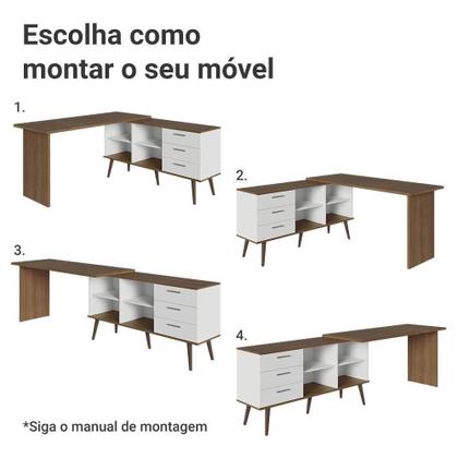 Imagem de Kit 2 Peças Com Escrivaninha Em L 3 Gavetas E Armário Multiuso Com Vidro Rustic Branco Madesa