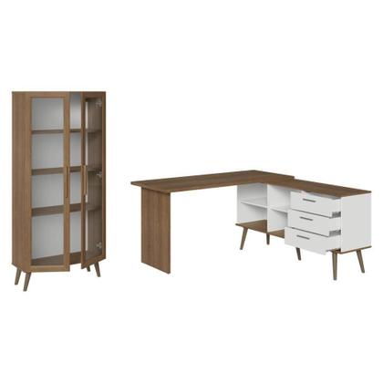 Imagem de Kit 2 Peças Com Escrivaninha Em L 3 Gavetas E Armário Multiuso Com Vidro Rustic Branco Madesa