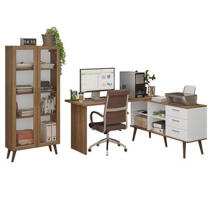 Imagem de Kit 2 Peças Com Escrivaninha Em L 3 Gavetas E Armário Multiuso Com Vidro Rustic Branco Madesa