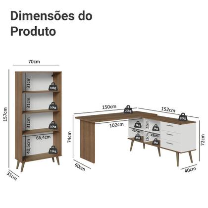Imagem de Kit 2 Peças Com Escrivaninha Em L 3 Gavetas E Armário Multiuso Com Vidro Rustic Branco Madesa