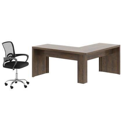 Imagem de Kit 2 Peças com Escrivaninha em L Angular com Cadeira de Escritório Diretor Tela Mesh