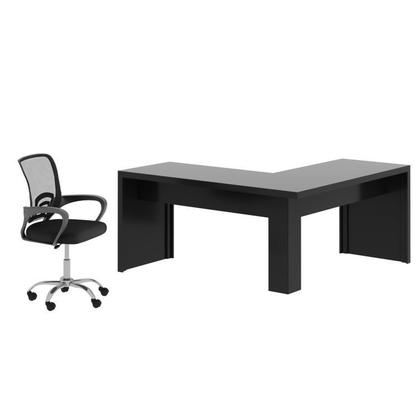Imagem de Kit 2 Peças com Escrivaninha em L Angular com Cadeira de Escritório Diretor Tela Mesh