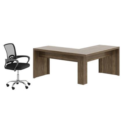 Imagem de Kit 2 Peças com Escrivaninha em L Angular com Cadeira de Escritório Diretor Tela Mesh