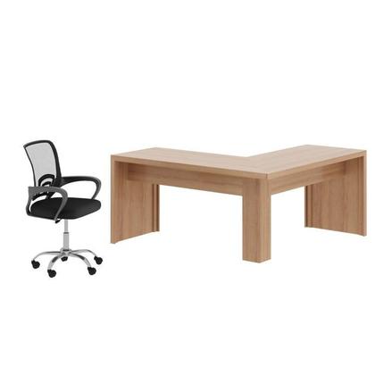 Imagem de Kit 2 Peças com Escrivaninha em L Angular com Cadeira de Escritório Diretor Tela Mesh