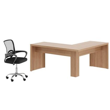 Imagem de Kit 2 Peças com Escrivaninha em L Angular com Cadeira de Escritório Diretor Tela Mesh