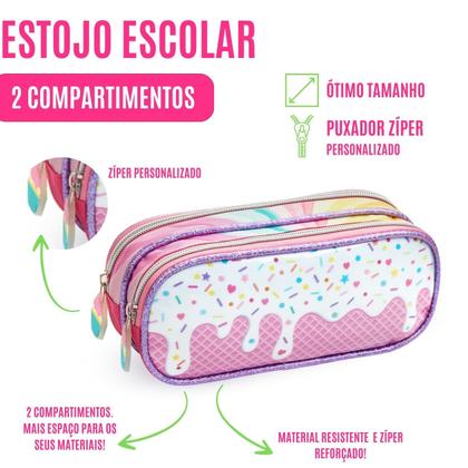 Imagem de Kit 2 Peças Escolar Infantil Estojo + Lancheira de Costas Criança Menina Material Aulas Personagem Estampa Resistente Colorida