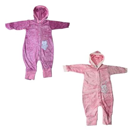 Imagem de Kit 2 Peças Macacão de Plush Bebê Bordado com Capuz Quentinho Menina Menino Cores Sortidas