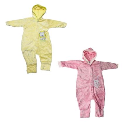 Imagem de Kit 2 Peças Macacão de Plush Bebê Bordado com Capuz Quentinho Menina Menino Cores Sortidas