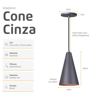 Imagem de Kit 2 Pendente Lustre Luminária Cone Cinza