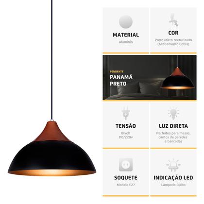 Imagem de Kit 2 Pendente Lustre Luminária Panama Preto C/Topo Cobre
