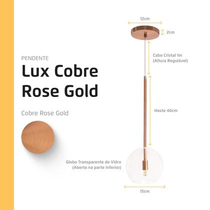 Imagem de Kit 2 Pendente Lux Cobre Rose Gold Globo Vidro + Led