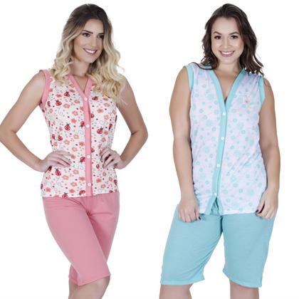 Imagem de Kit 2 Pijama bermuda regata sem manga Aberto com Botão meia estação primavera verão