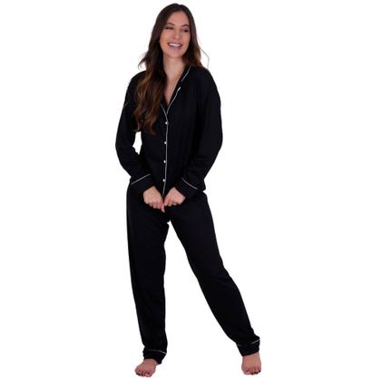 Imagem de Kit 2 Pijama de Inverno com Gola com Botões Amamentação Calça -c3 KIT 2 MAYARA PRETO E MARINHO