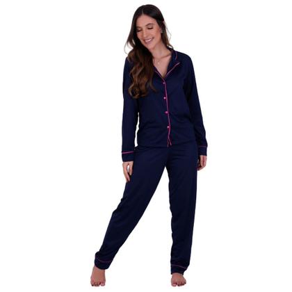 Imagem de Kit 2 Pijama de Inverno com Gola com Botões Amamentação Calça -c3 KIT 2 MAYARA PRETO E MARINHO