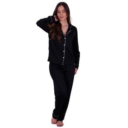 Imagem de Kit 2 Pijama de Inverno com Gola com Botões Amamentação Calça -c3 KIT 2 MAYARA PRETO E MARINHO