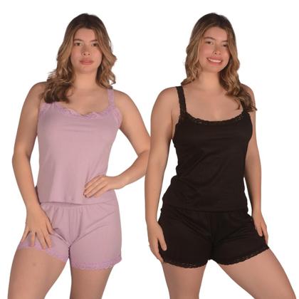 Imagem de Kit 2 Pijamas Feminino Malha Suede Canelado com Renda Baby Doll Verão Curto Rendinha Sexy Sensual Short Dool Confortável