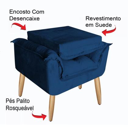 Imagem de Kit 2 Poltrona Decorativa Opala Suede Azul Marinho  para Sala de Estar Luxo Escritório Quarto