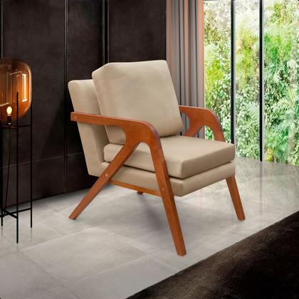 Imagem de Kit 2 Poltrona Sala Decorativa Stella Estofada Veludo Bege Base Madeira Castanho