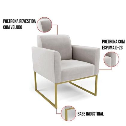 Imagem de Kit 2 Poltronas Base Industrial Dourado Marisa Veludo D03 - D'rossi Cor Cinza