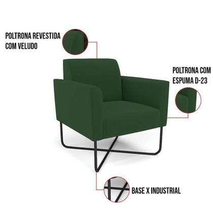 Imagem de Kit 2 Poltronas Base X Industrial Preto Marisa Veludo Verde D03 - D'rossi