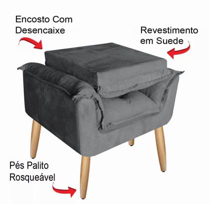 Imagem de Kit 2 Poltronas Cadeiras Decorativas Opala Suede Cinza Pés Palito Para Recepção Sala De Estar Consul