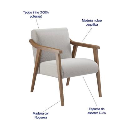 Imagem de Kit 2 Poltronas Decorativa Flavia tecido linho cru madeira maciça cor Nogueira
