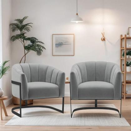 Imagem de Kit 2 Poltronas Decorativas Sala de Estar Recepção Mavie Base de Ferro Preto Bouclé Cinza - Amarena Móveis