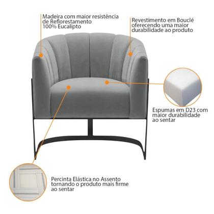 Imagem de Kit 2 Poltronas Decorativas Sala de Estar Recepção Mavie Base de Ferro Preto Bouclé Cinza - Amarena Móveis