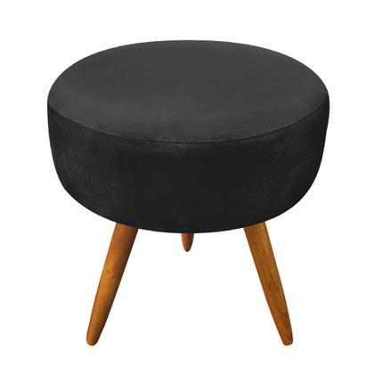 Imagem de Kit 2 Poltronas e 2 Puffs Banqueta Redonda Nina Veludo Preto Pés Palito Castanho - Pallazio