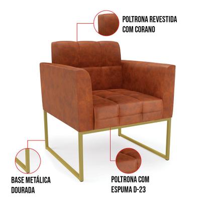 Imagem de Kit 2 Poltronas Elisa Corano Nozes Base Metálica Industrial Dourado - D'Rossi