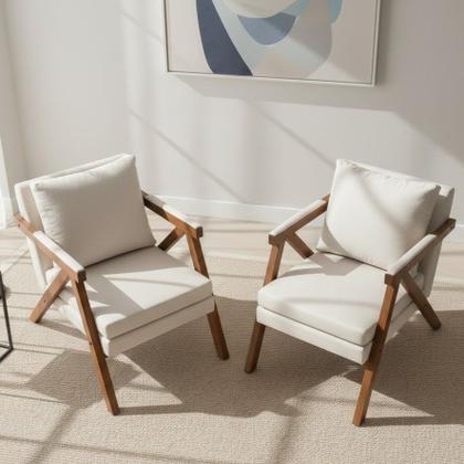 Imagem de Kit 2 Poltronas Mona New Linho Off Premium Estofada Elegante Luxo Pés De Madeira Maciça Sala Estar Recepção