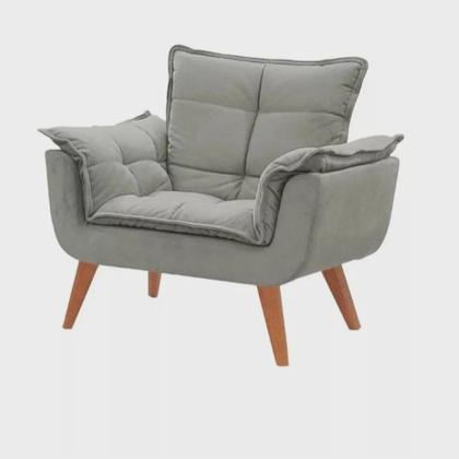 Imagem de Kit 2 Poltronas Opalas com Puff Redondo Suede Cinza