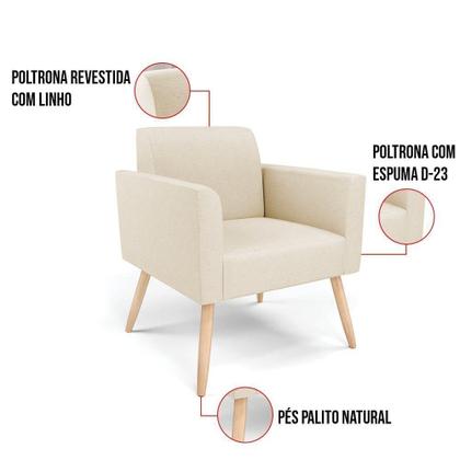 Imagem de Kit 2 Poltronas Pés Palito Natural Marisa Linho Bege A19 D03 - D'rossi