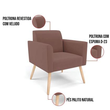 Imagem de Kit 2 Poltronas Pés Palito Natural Marisa Veludo D03 - D'rossi Cor Rose